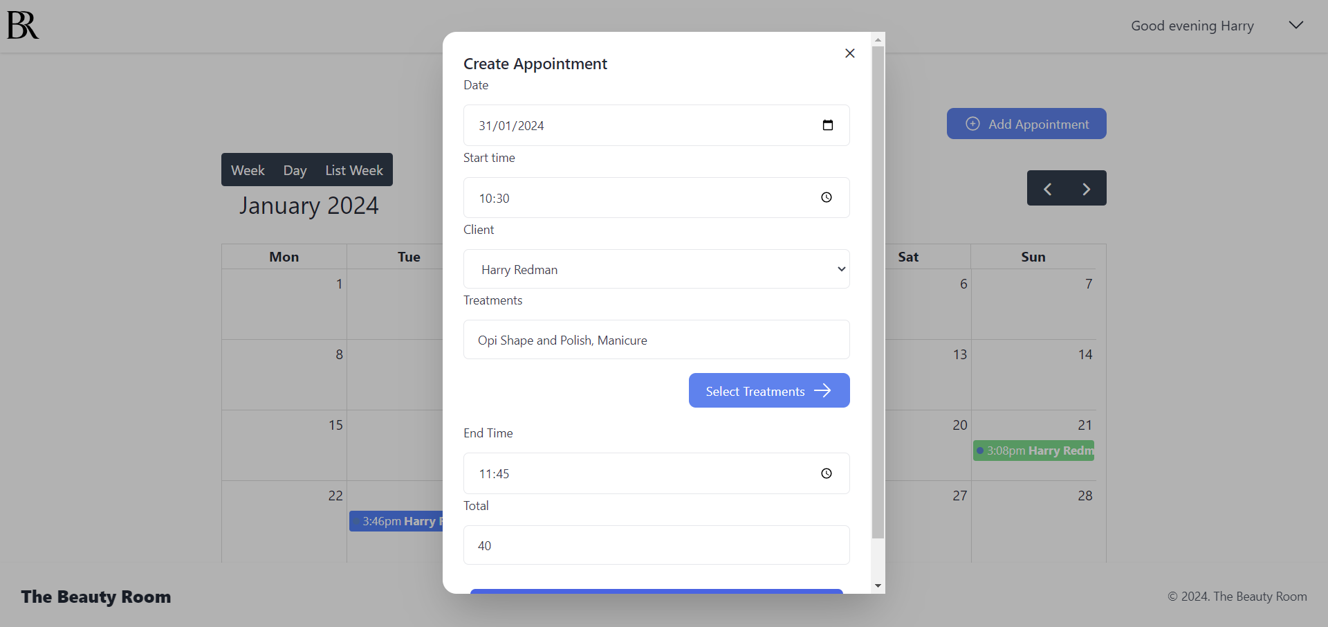 Screenshot of adding a new appointment