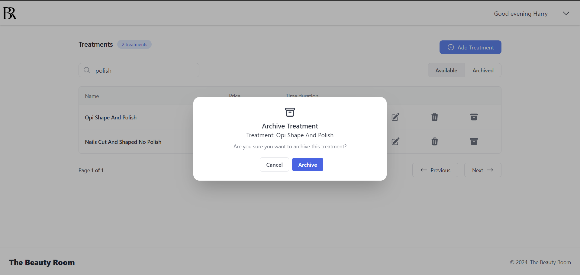 Screenshot of archiving a treatment service