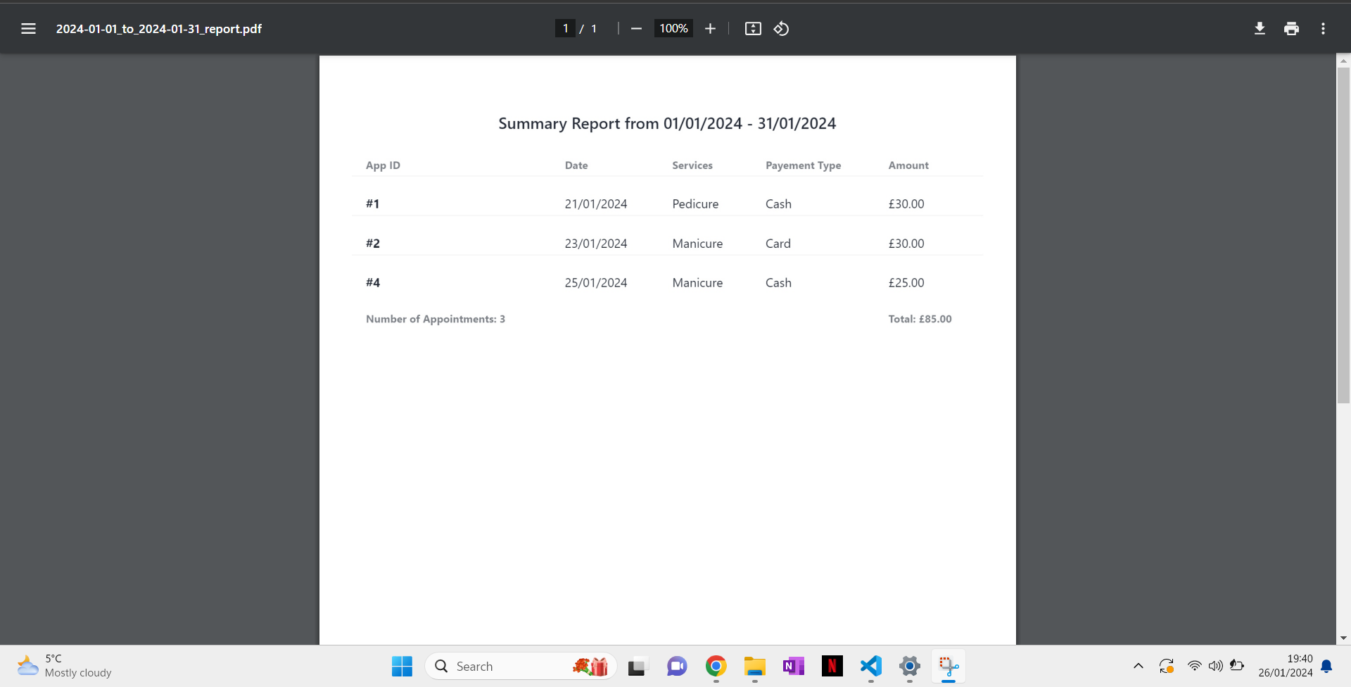 Screenshot of pdf file generated from details fetched for summary report
