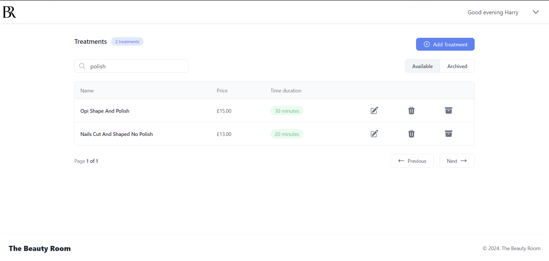 Screenshot of treatments table which is refined by search bar