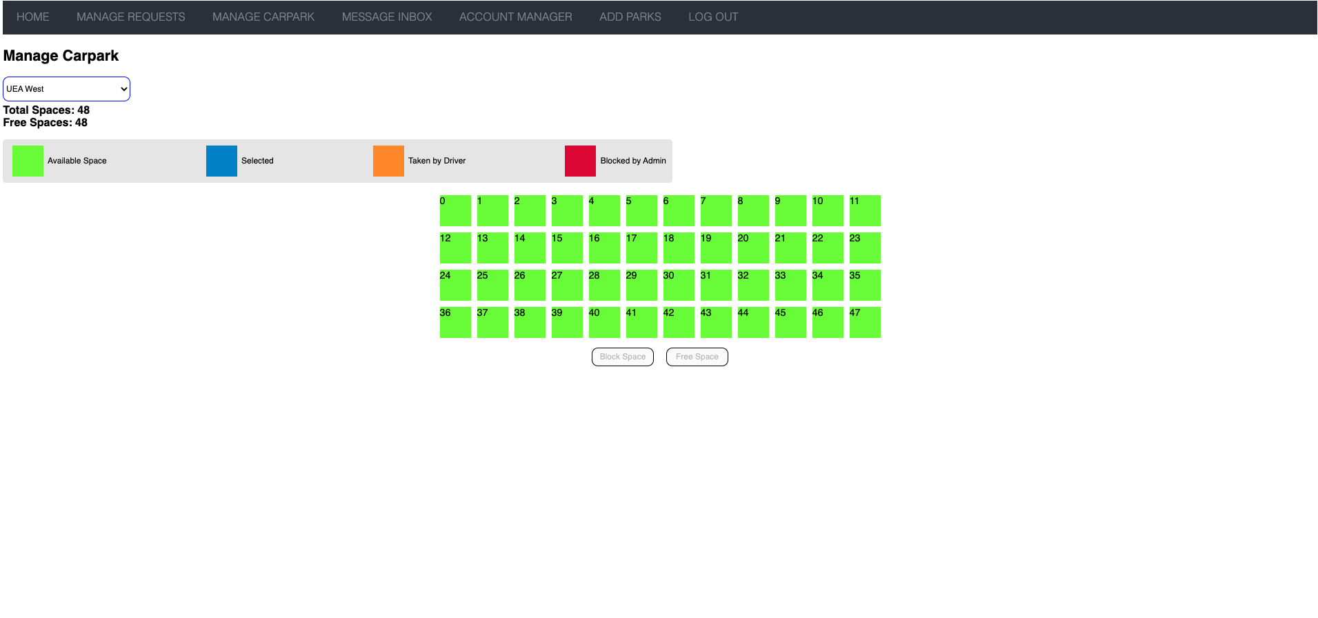 An image of the UI for selecting a carpark space