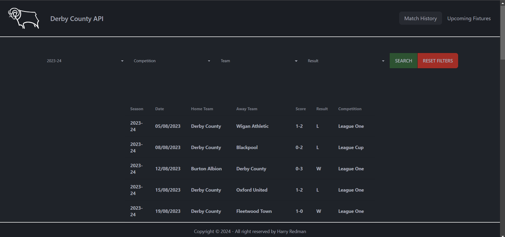 Screenshot of matches page displaying all the matches derby have played