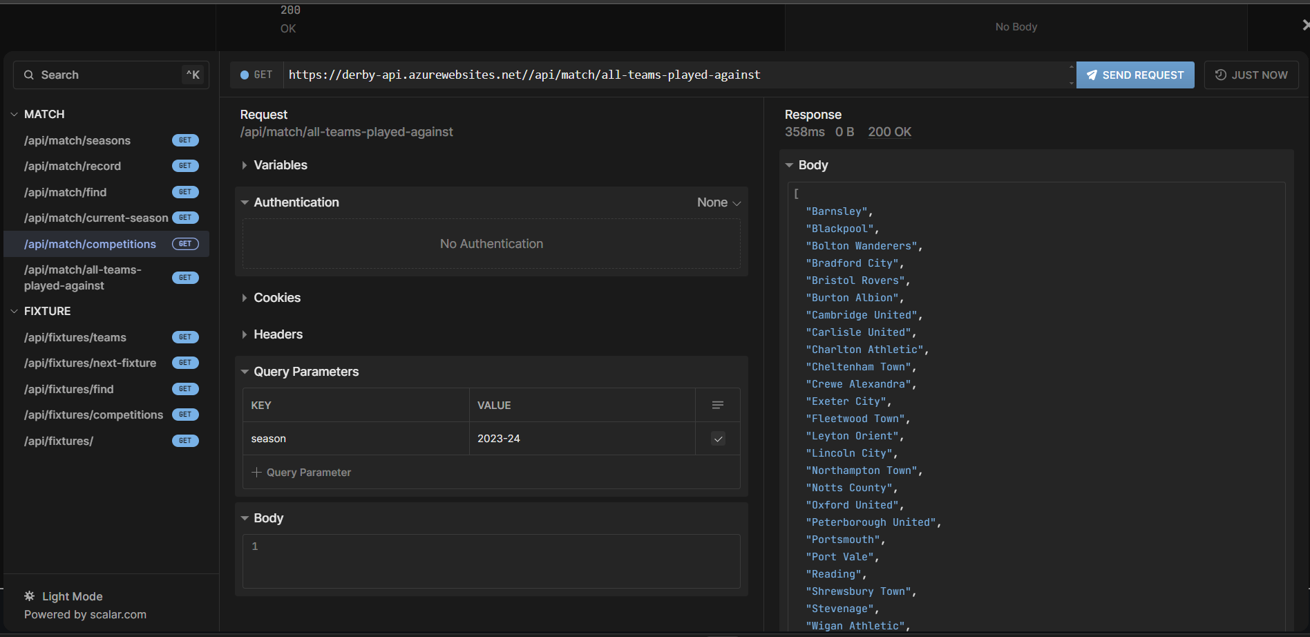 Screenshot of sending test api request to endpoint with query params